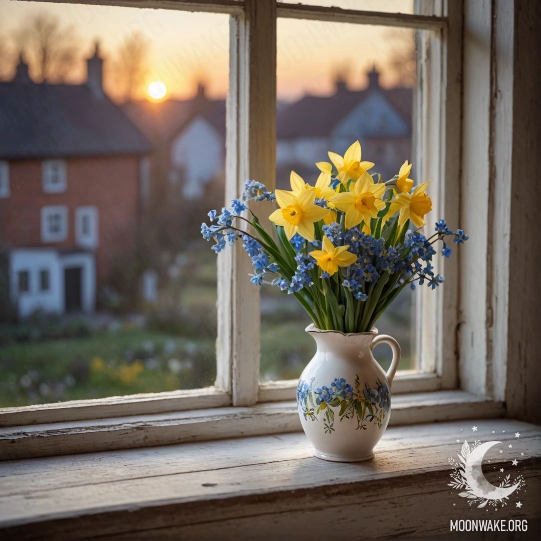 An old wooden window sill adorned with a white vase containing daffodils and forget-me-nots against a sunset backdrop.