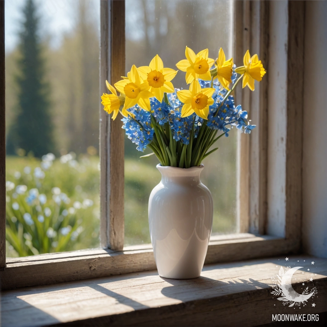 Charming Window Sill with Daffodils A shabby old wooden window sill adorned with a white porcelain vase filled with daffodils and forget-me-nots.