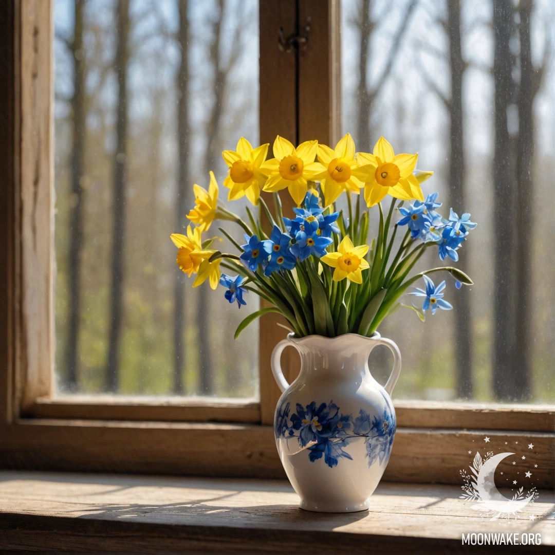 An old wooden window sill adorned with a white vase and flowers.