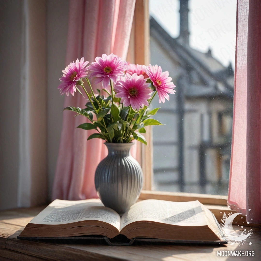 A wooden window sill featuring an old shabby book, a gray vase with pink flowers, and a pink curtain letting in sunlight.