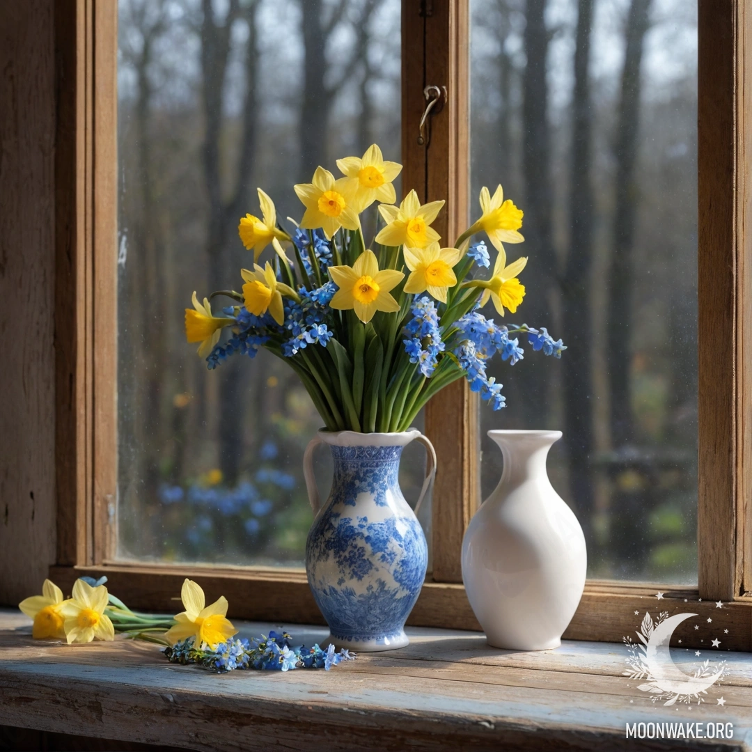 Charming Window Sill with Flowers A shabby wooden window sill adorned with a white porcelain vase containing daffodils and forget-me-nots, illuminated by soft garland lights.