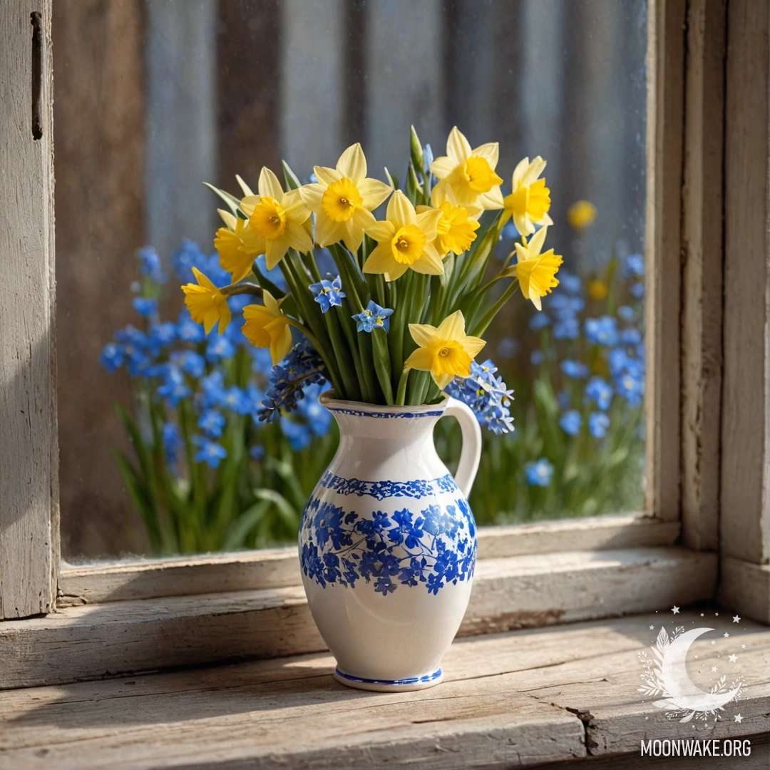 A photorealistic image of a shabby wooden window sill with a white porcelain vase filled with daffodils and forget-me-nots