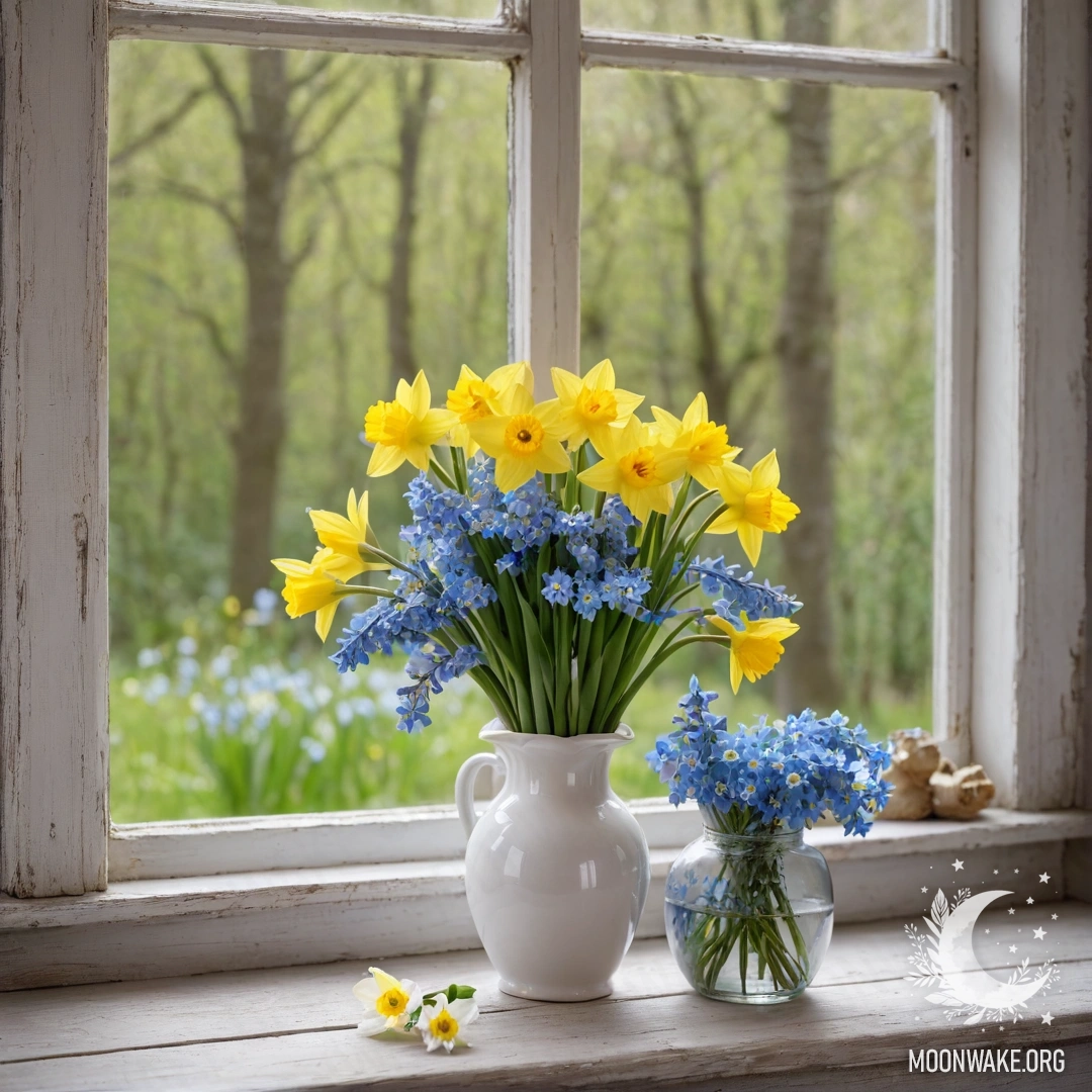 A weathered wooden window sill adorned with a white porcelain vase filled with daffodils and forget-me-nots, illuminated by soft garland lights.
