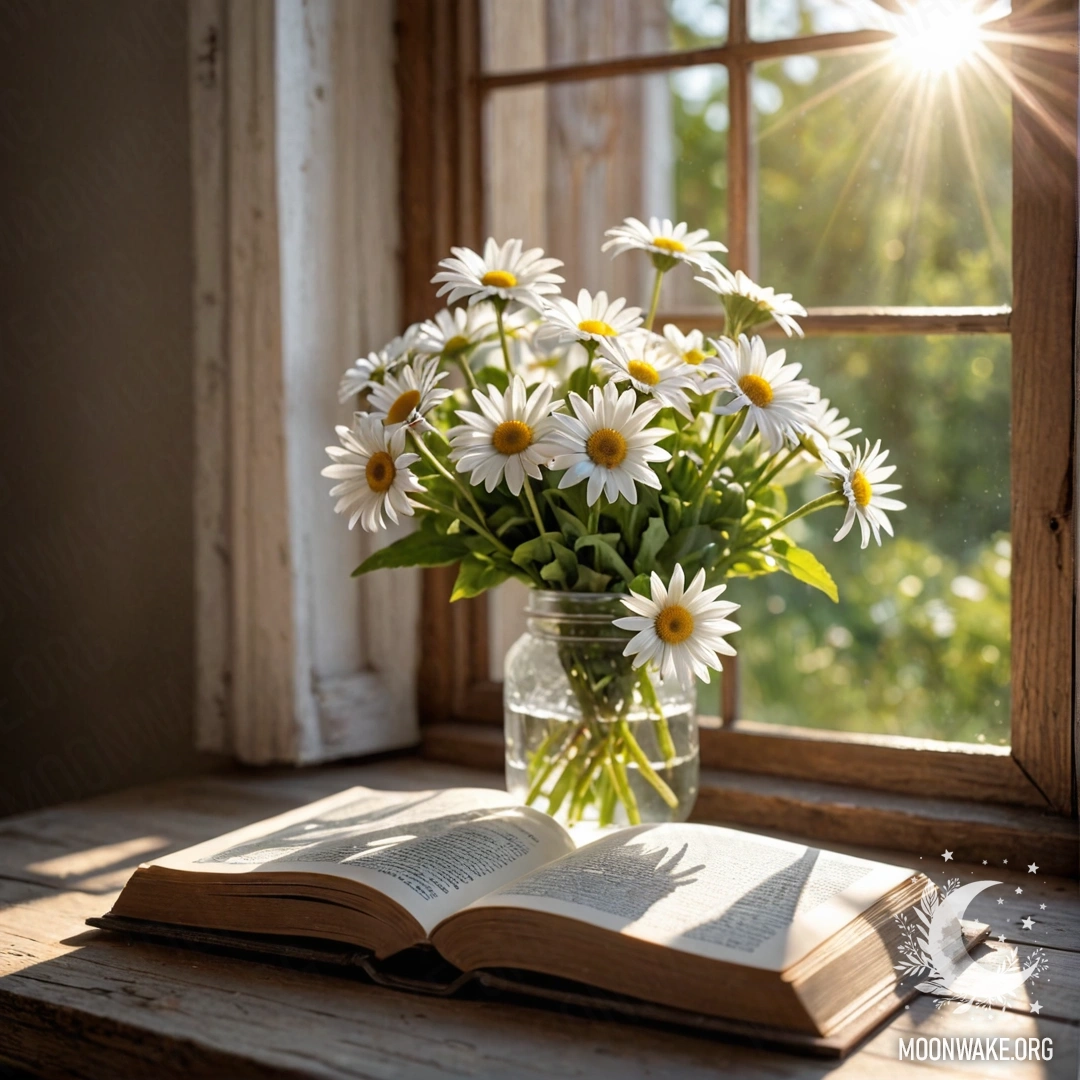 A photorealistic image of a weathered wooden windowsill with a jar of daisies and an open book bathed in sunlight.