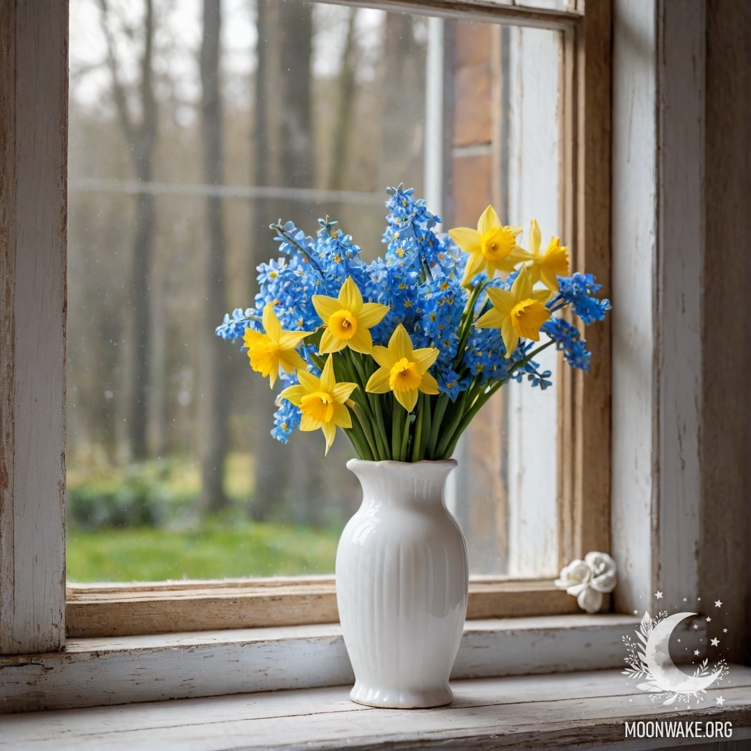 A shabby wooden window sill with a white porcelain vase filled with daffodils and forget-me-nots, surrounded by warm garland lights.