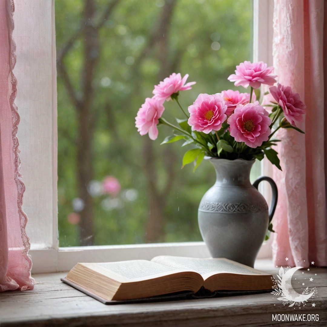 A wooden window sill adorned with an old book and a vase of pink flowers.