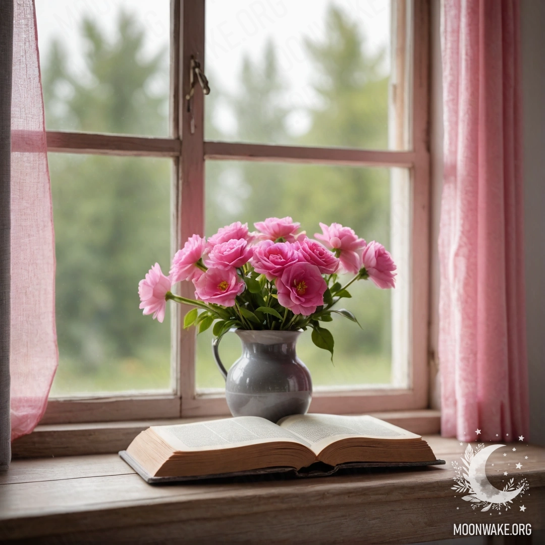A wooden window sill with an old book and a gray vase with pink flowers.