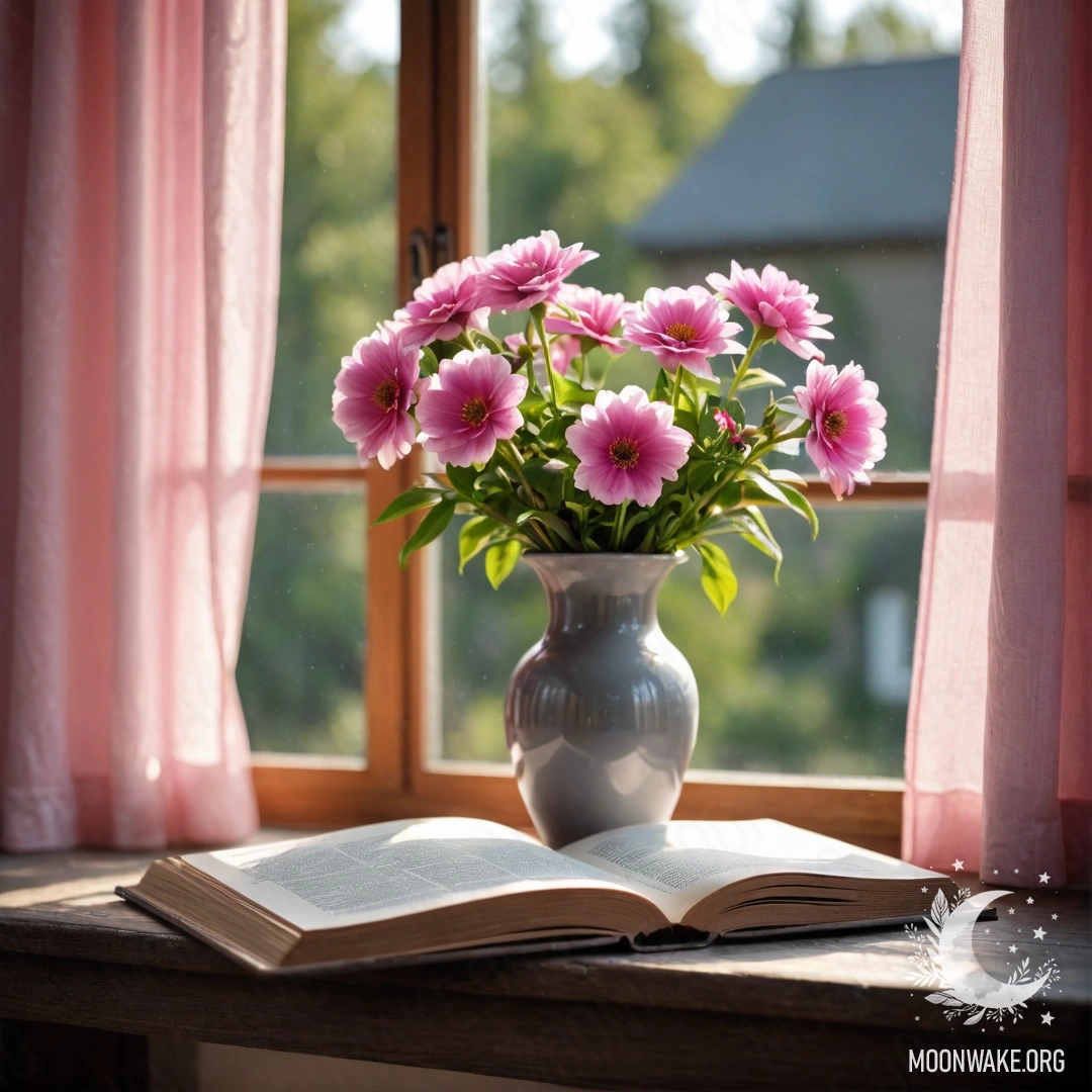 A wooden window sill featuring an old book and a gray vase with pink flowers.