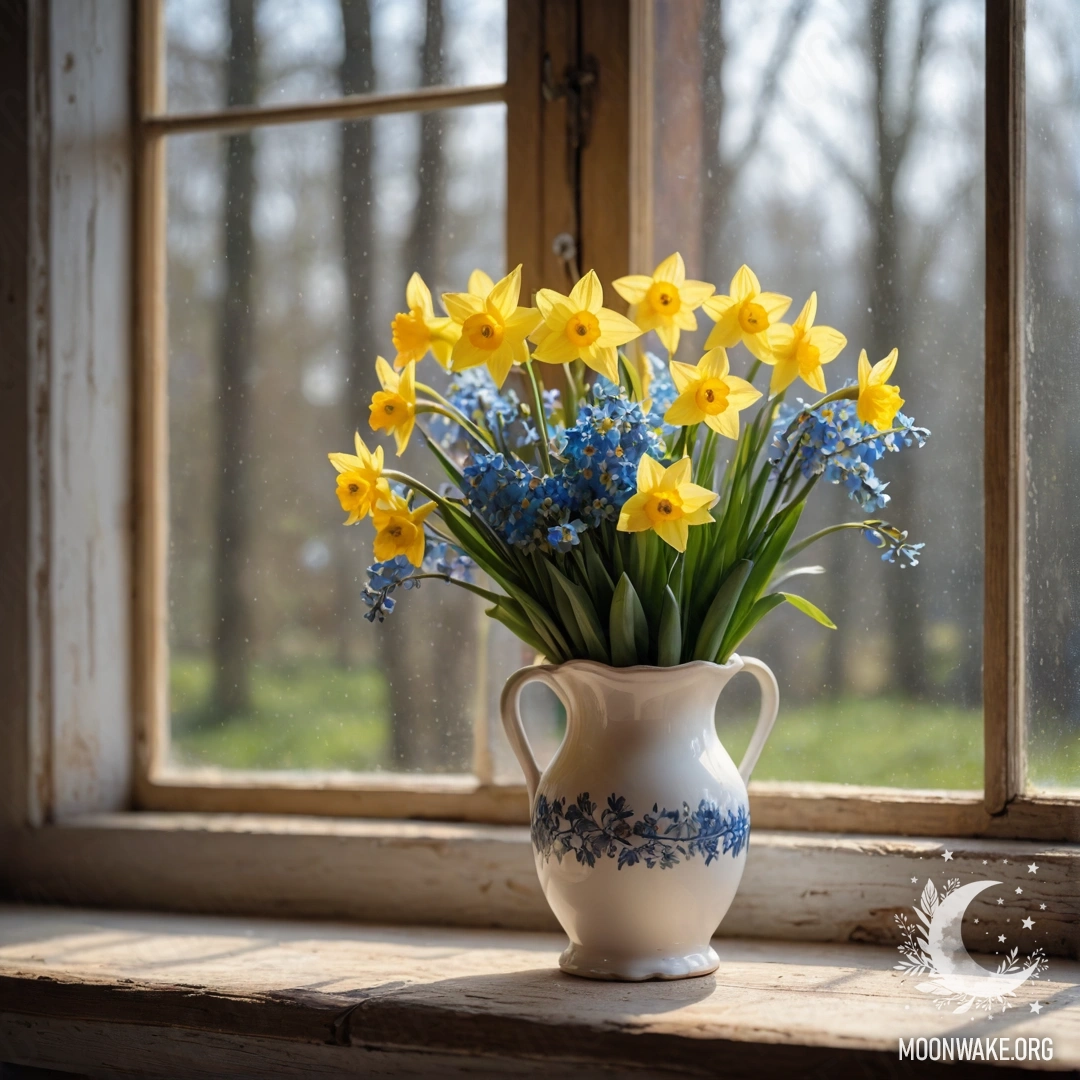 Charming Window Sill with Flowers A shabby wooden window sill adorned with a white porcelain vase holding daffodils and forget-me-nots, illuminated by a garland of lights.
