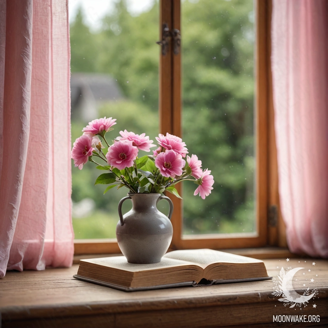 A wooden window sill with an old book and a gray vase of pink flowers.