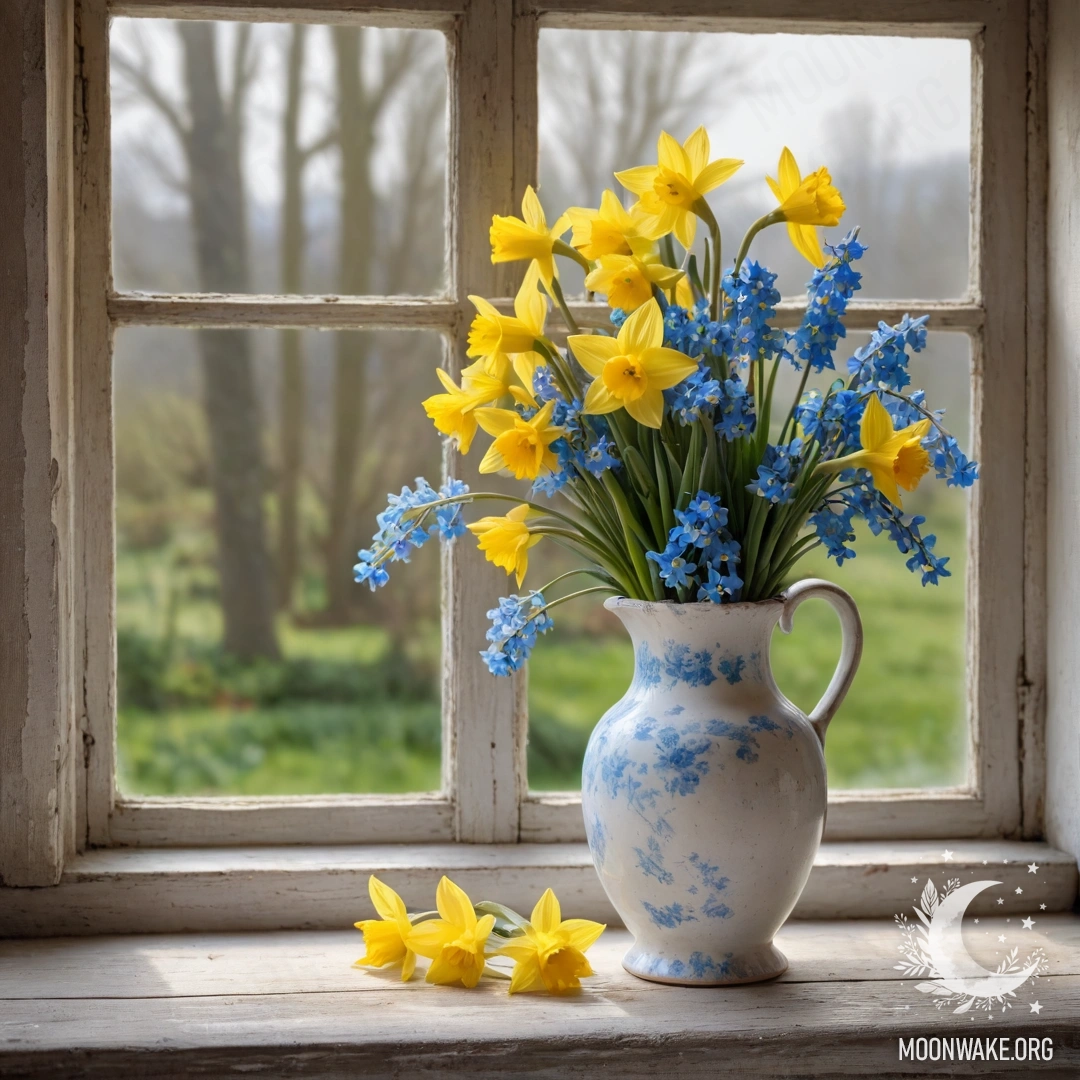 An old wooden window sill adorned with a white porcelain vase filled with daffodils and forget-me-nots, illuminated by soft garland lights.