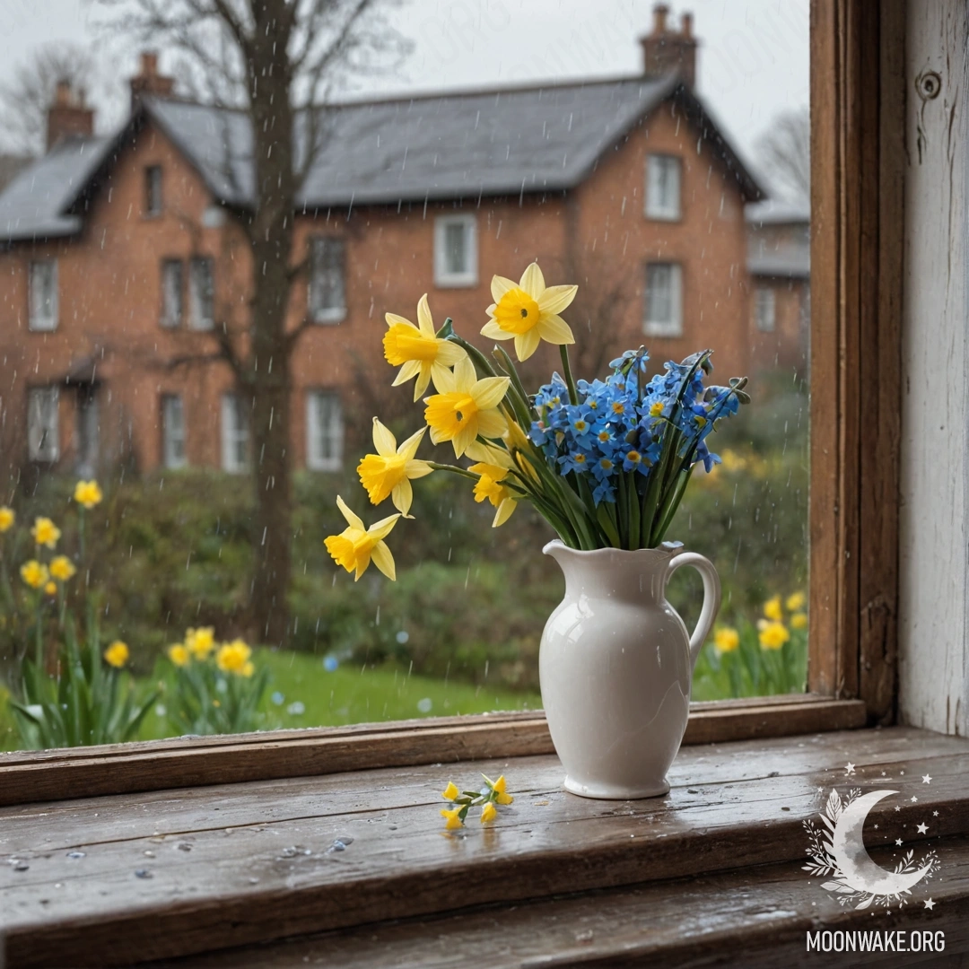 A photorealistic depiction of a shabby wooden window sill adorned with a white porcelain vase filled with daffodils and forget-me-nots, gently touched by rain.