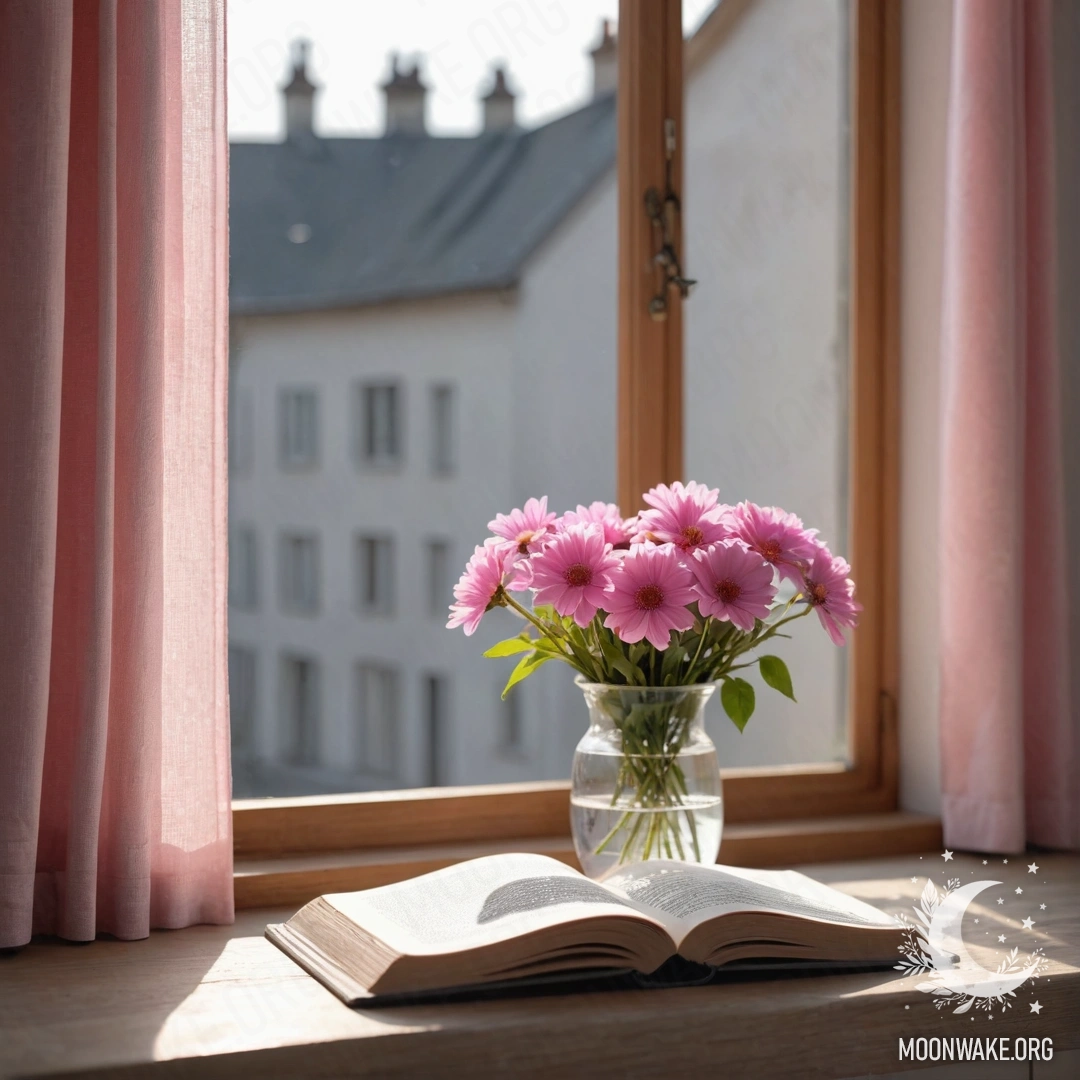 A wooden window sill featuring an old book, a gray vase with pink flowers, and a pink curtain draped in sunlight.
