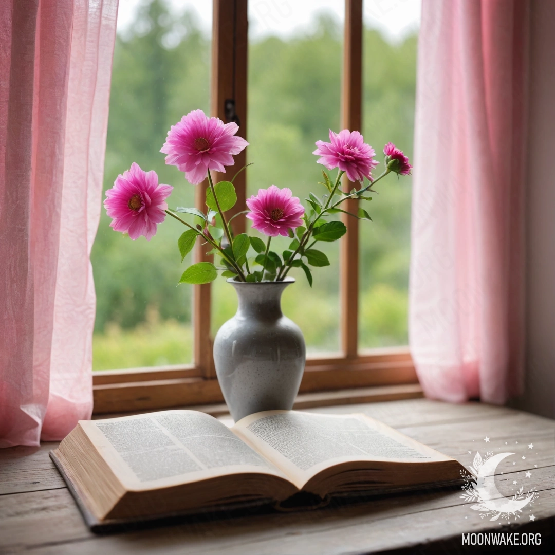 An old wooden window sill adorned with a shabby book and a gray vase filled with pink flowers, next to a pink curtain.