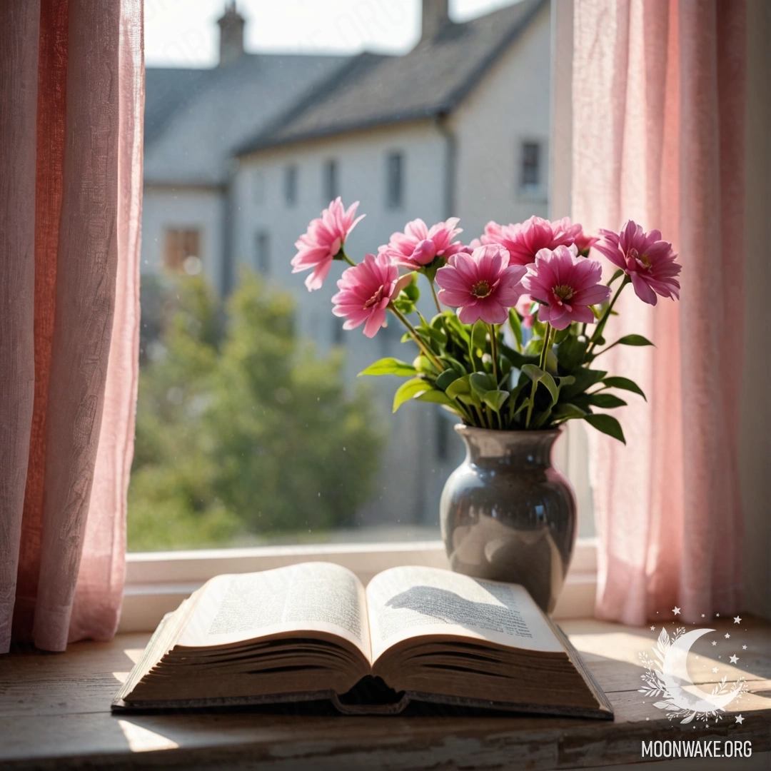 Charming Window Sill with Flowers and Books A photorealistic image of a wooden window sill featuring an old shabby book, a gray vase with pink flowers, and a pink curtain.