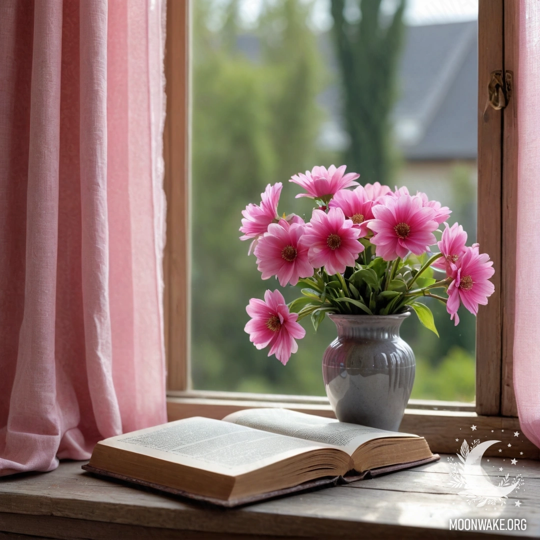 A wooden window sill featuring an old book and a gray vase with pink flowers.