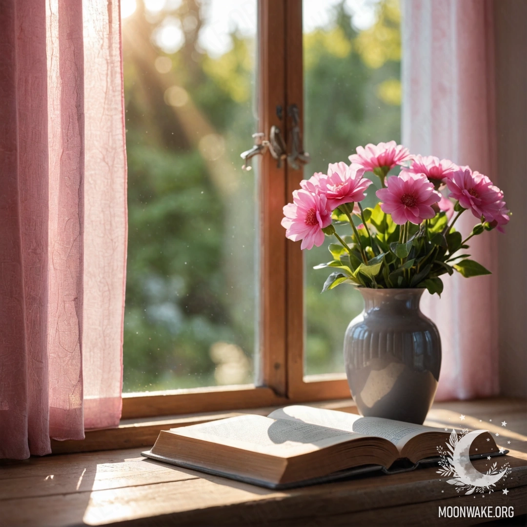A wooden window sill with an old book, a gray vase with pink flowers, and a pink curtain with sun rays.