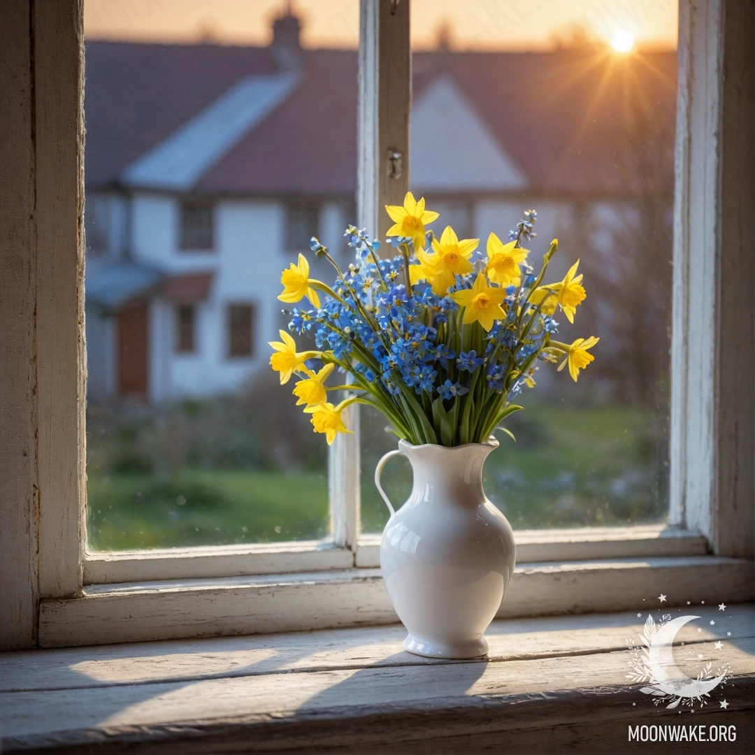 A shabby wooden window sill adorned with a white porcelain vase holding daffodils and forget-me-nots, illuminated by the warm glow of sunset.
