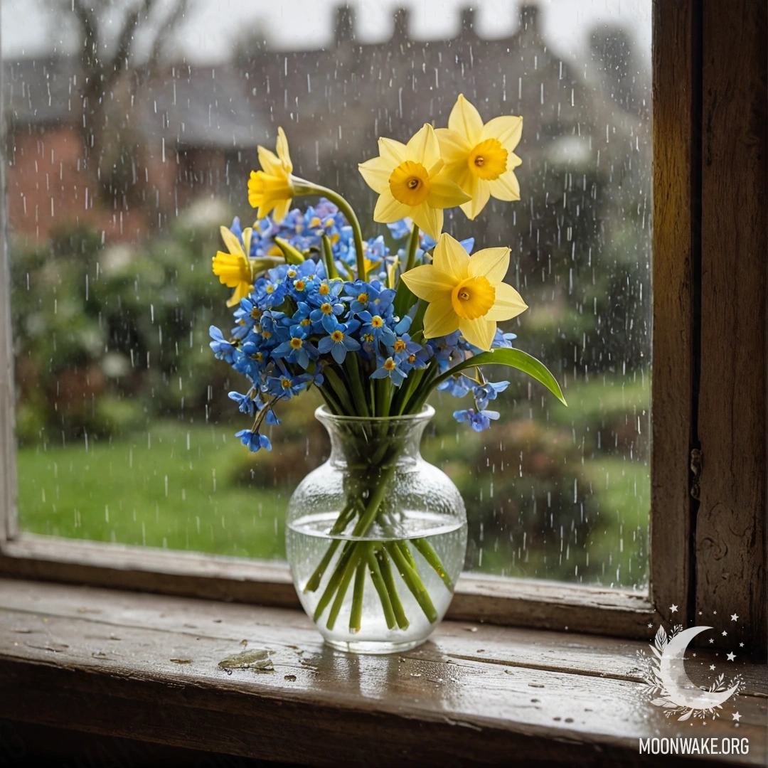 A white porcelain vase with daffodils and forget-me-nots on an old wooden window sill, with rain droplets surrounding it.