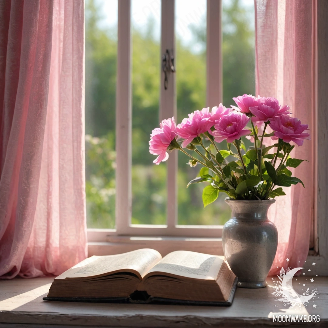 A wooden window sill with an old shabby book, a gray vase with pink flowers, and a pink curtain illuminated by sun rays.