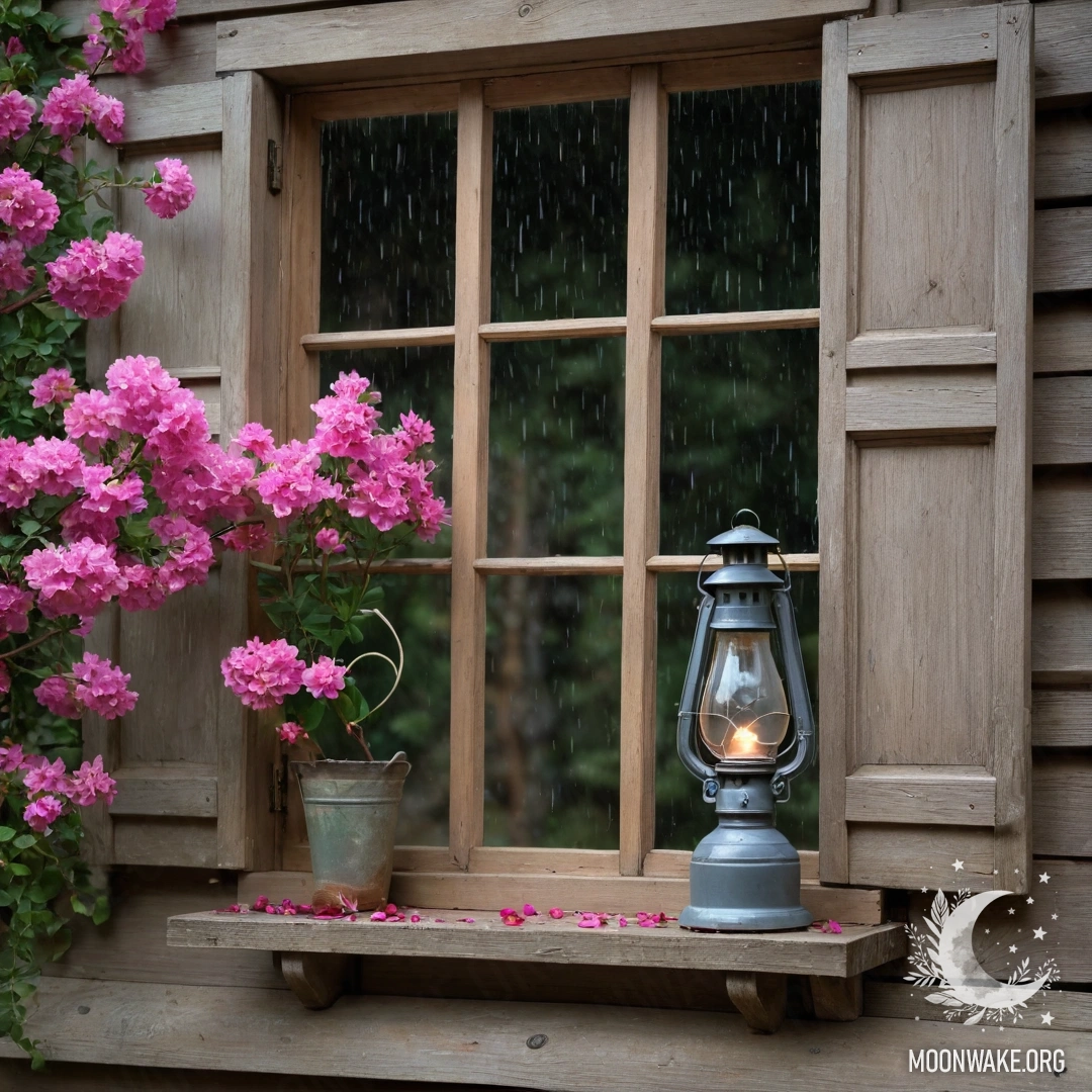 A shabby wooden window with shutters and a kerosene lamp above, adorned with blooming pink flowers, set against a rainy backdrop.