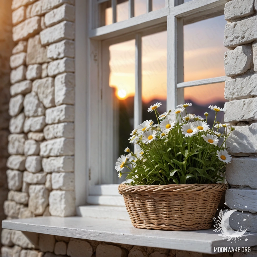 A photograph of a white stone wall with an open window and daisies in a basket on the windowsill during sunset.