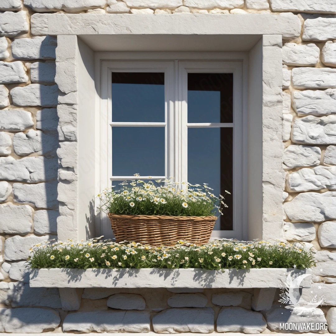Charming Window with Daisies in Sunlight A white stone wall with an open window and a basket of daisies on the windowsill, illuminated by sunlight.