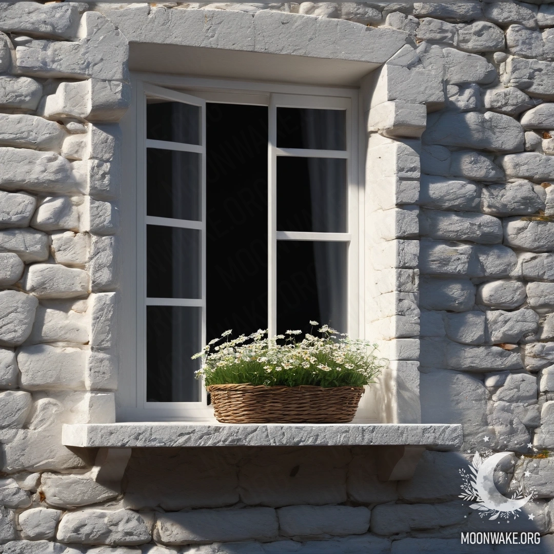 A beautiful white stone wall with an open window and a basket of daisies on the windowsill at night.