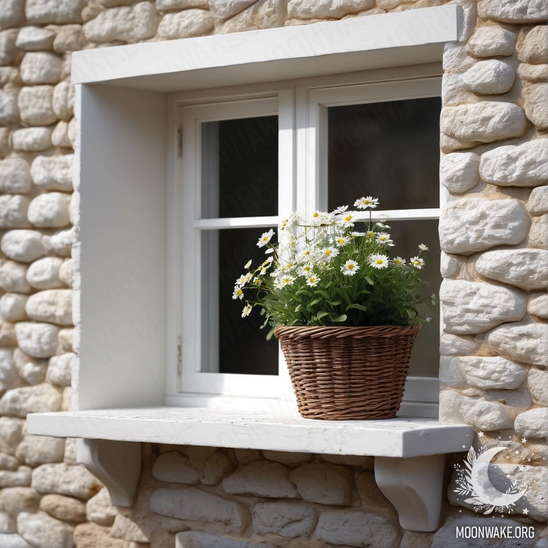 A cozy white stone wall with an open window and a basket of daisies on the windowsill.