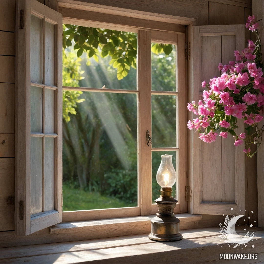A shabby wooden window with shutters, adorned by a kerosene lamp and pink flowers.