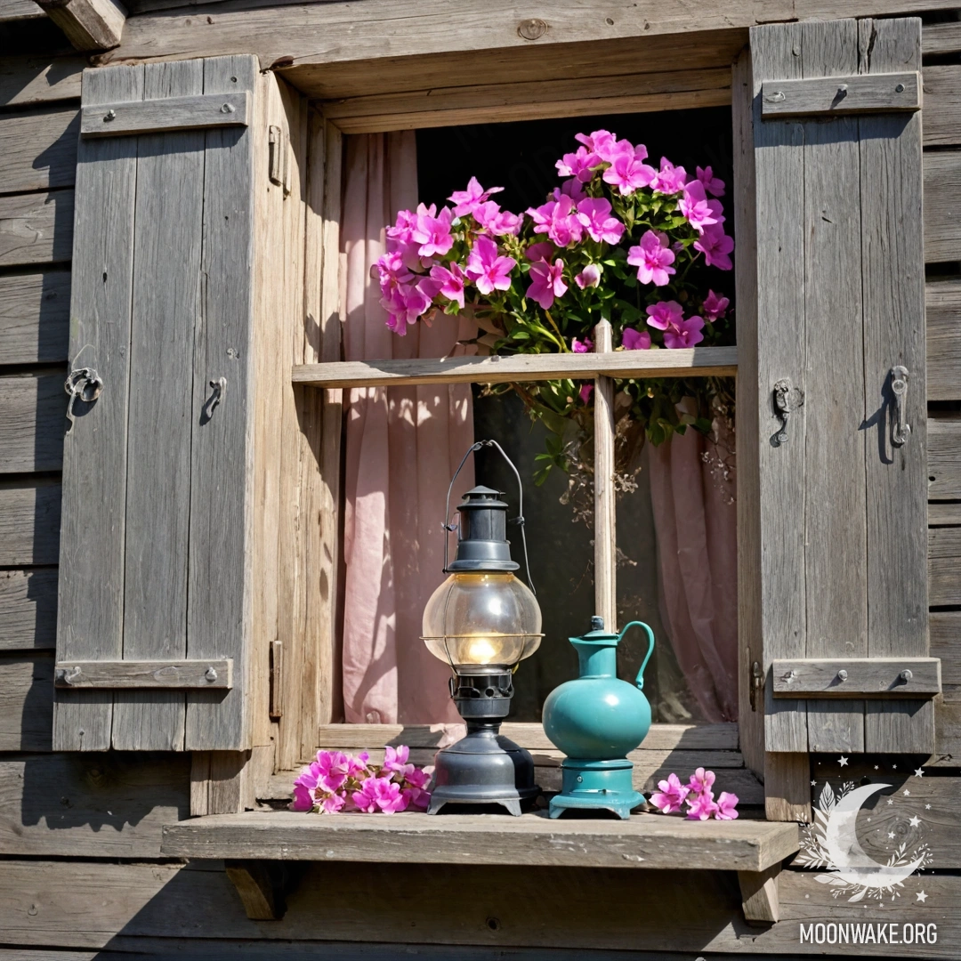 Charming Window with Pink Flowers A shabby wooden window adorned with pink flowers and a kerosene lamp above it, illuminated by sun rays.