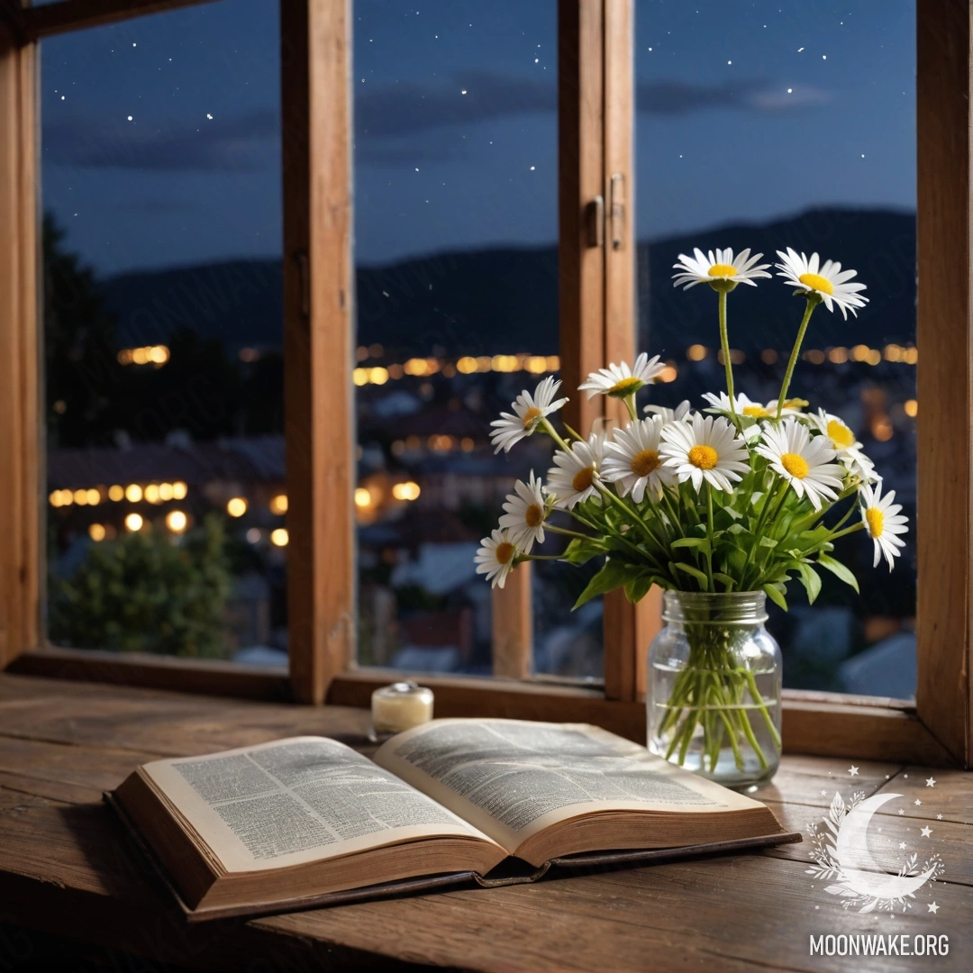 A rustic wooden windowsill adorned with a jar of daisies and an open book.