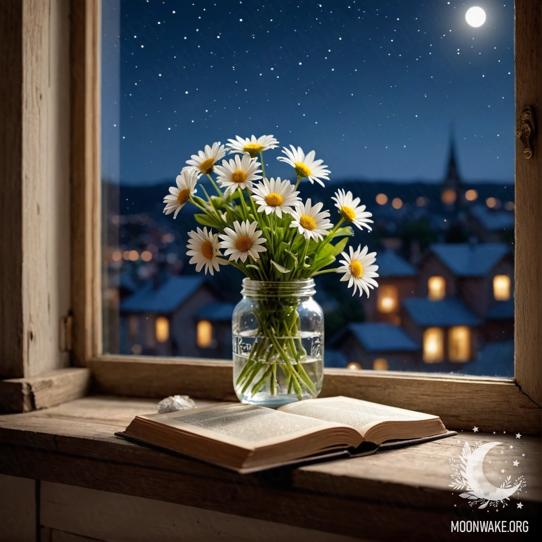 A shabby wooden windowsill with a jar of daisies and an open book at night.