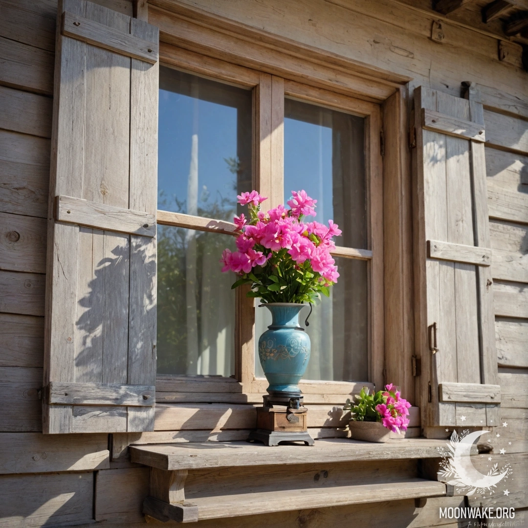 A shabby wooden windowsill with a jar of daisies and an open book in thick mist.
