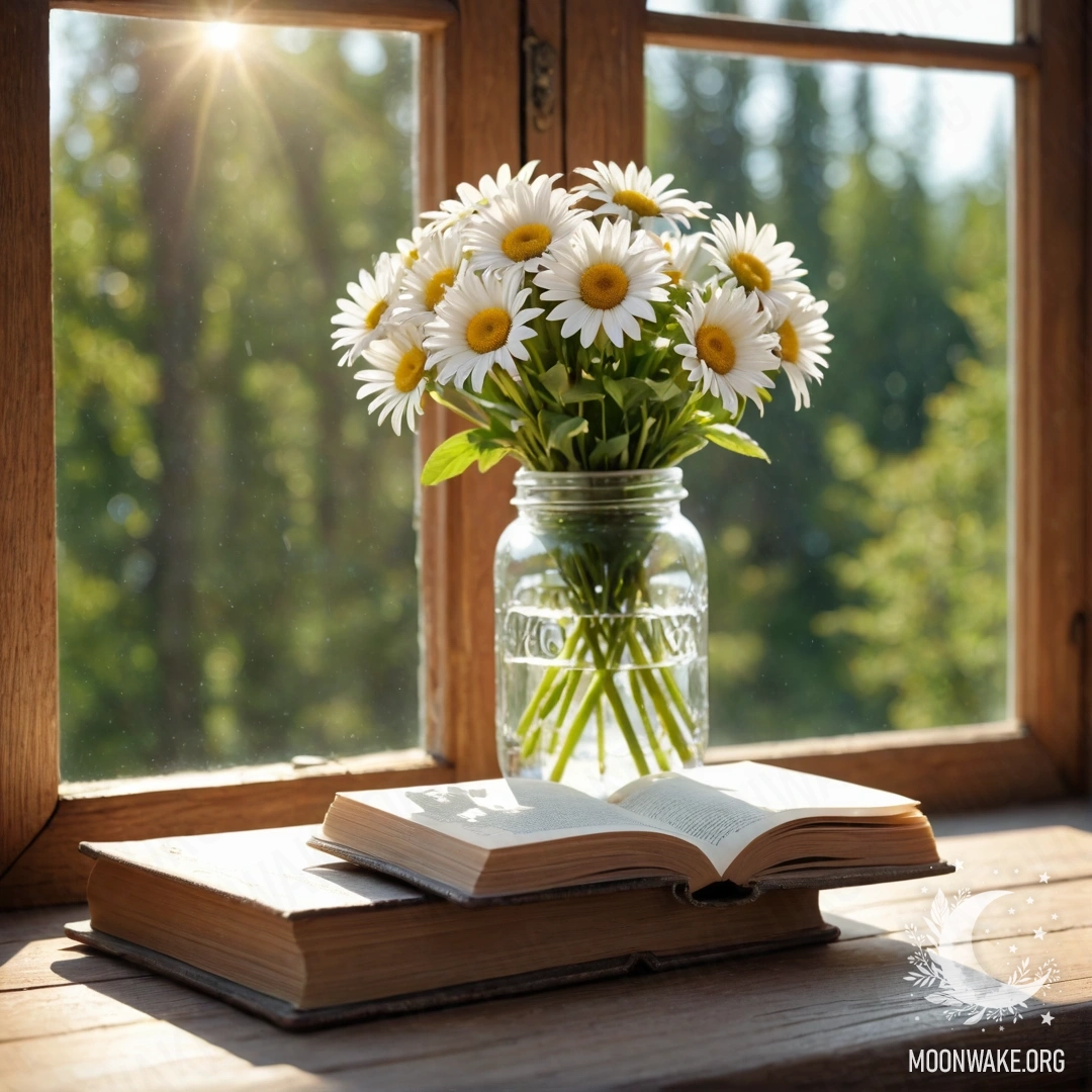 A wooden windowsill with a jar of daisies and an open book in sunlight