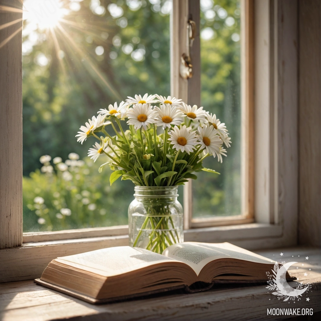 A shabby wooden windowsill adorned with a jar of daisies and an open book illuminated by sun rays.