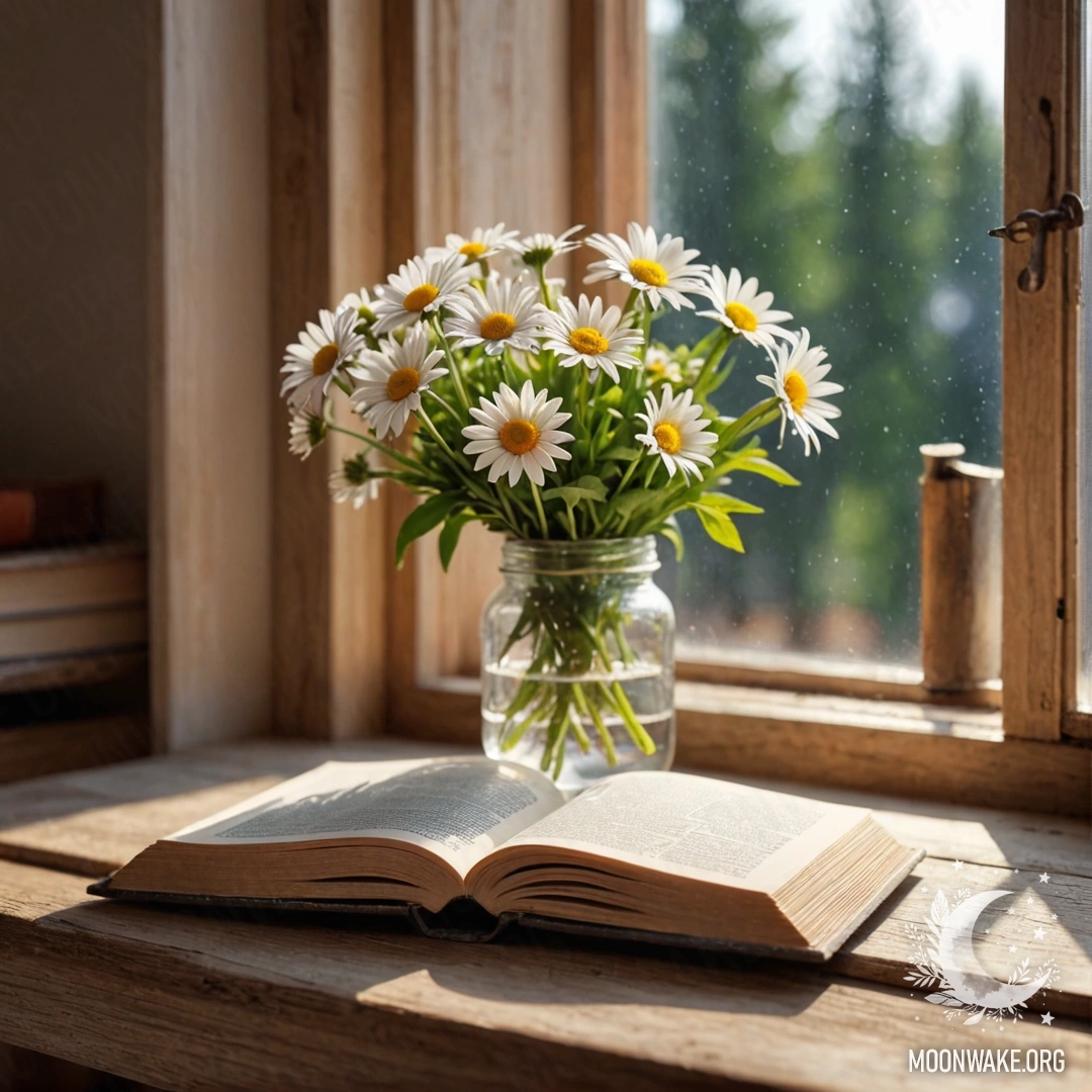 A photorealistic image of a shabby wooden windowsill with a jar of daisies and an open book.