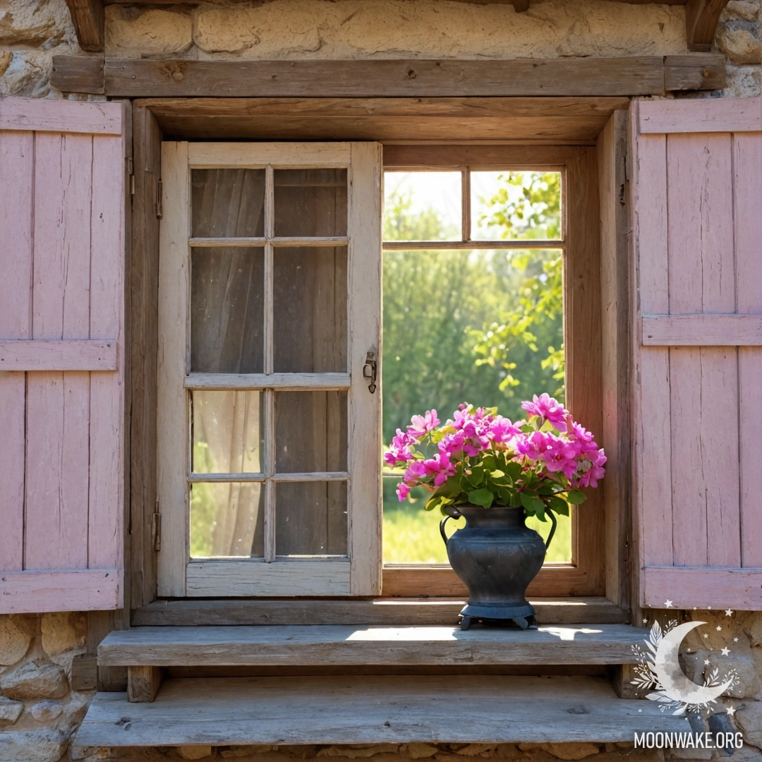 A shabby wooden windowsill adorned with a jar of daisies and an open book next to it.