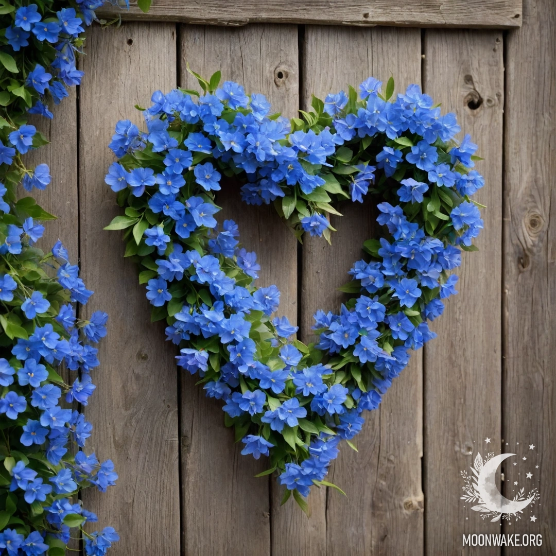 Charming Wooden Fence with Heart-Shaped Flower Wreath Close-up of an old wooden fence adorned with a heart-shaped blue floral wreath.