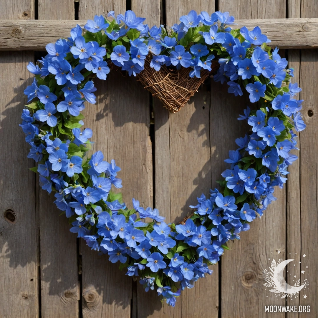 Close-up of an old wooden fence adorned with a heart-shaped wreath of blue flowers.