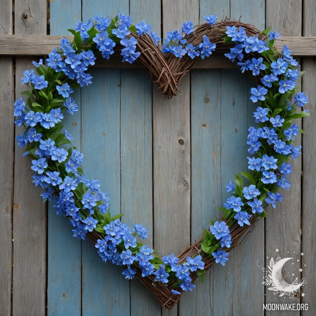 Charming Wooden Fence with Heart Wreath Close-up of an old wooden fence adorned with a heart-shaped wreath of blue flowers.