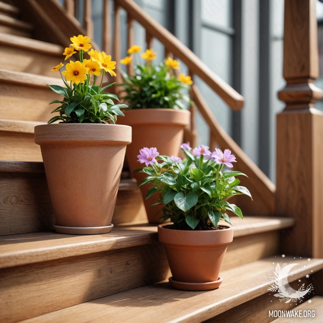 A cozy wooden staircase adorned with flowerpots filled with lilies.