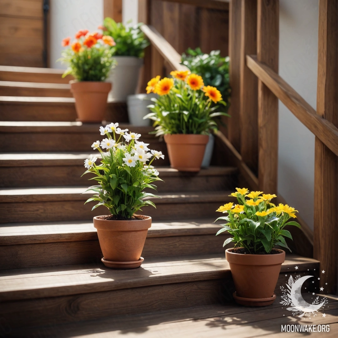 Charming Wooden Staircase with Flowerpots A cozy wooden staircase adorned with flowerpots featuring delicate plants.
