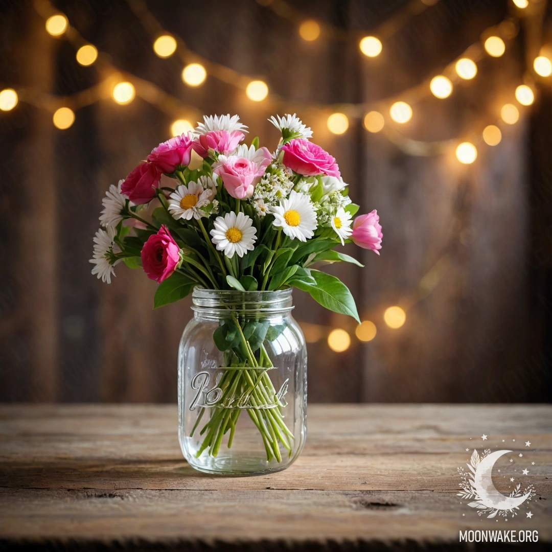 A shabby wooden table adorned with a jar filled with flowers and a soft bokeh background of light garlands.