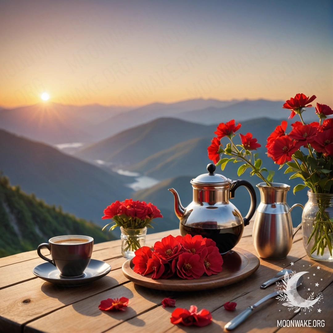 Charming Wooden Table with Flowers and Coffee A charming wooden table adorned with a jar of red flowers and a coffee pot, set against a mountainous sunset backdrop.