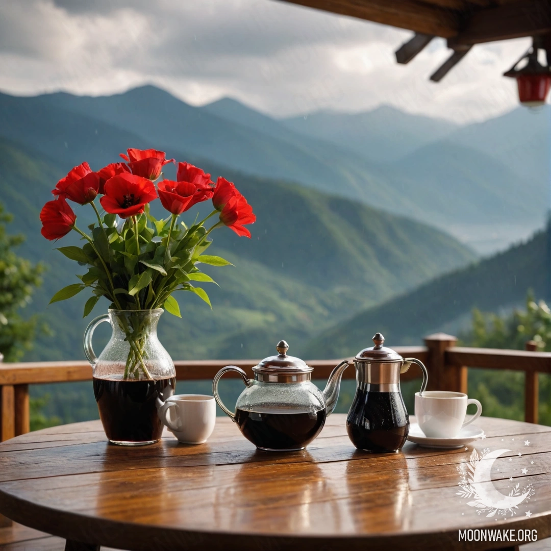 A wooden table with a jar of red flowers, a coffee pot, and cups in the rain, with mountains in the background.
