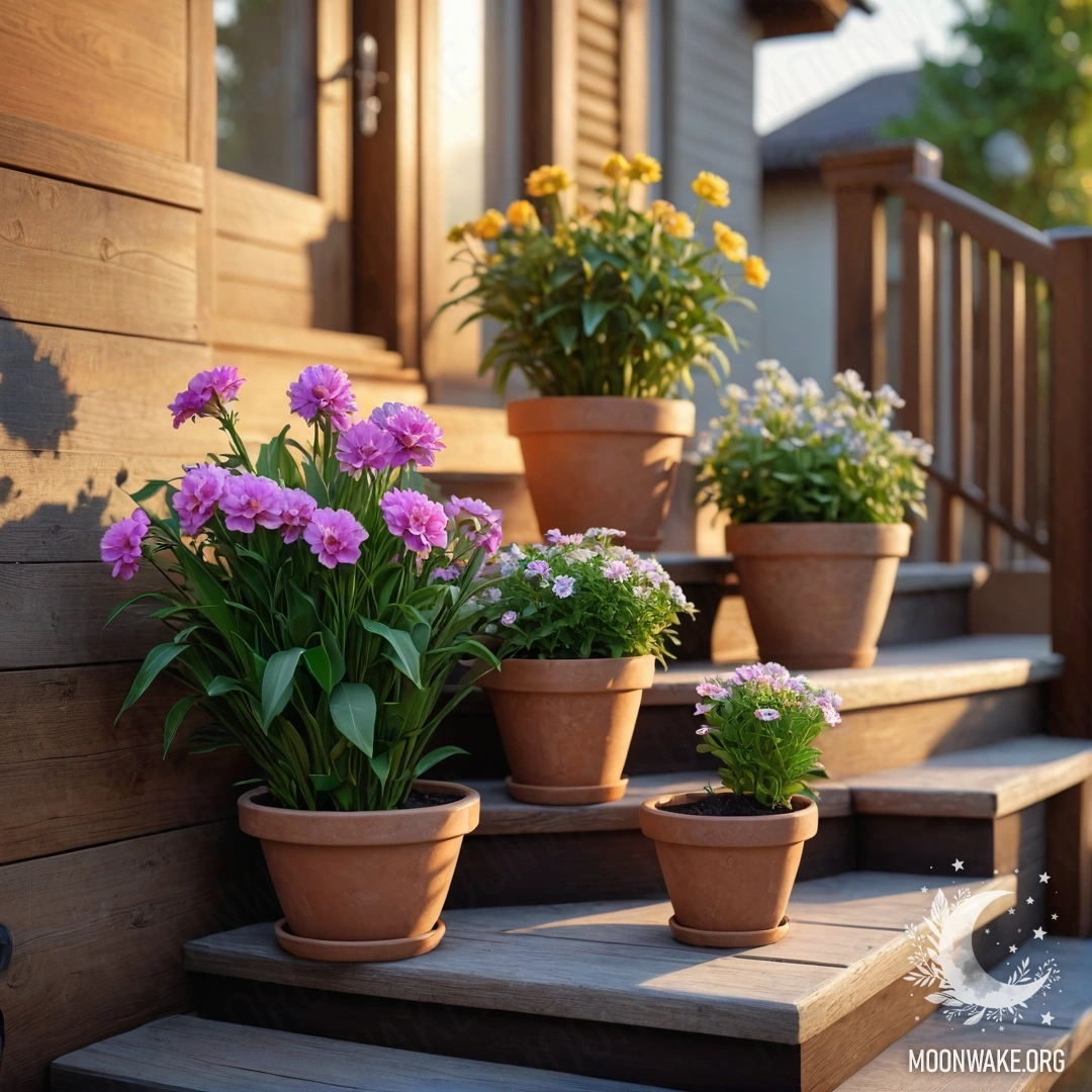 A wooden table with a jar of red flowers, a coffee pot, and cups against a mountain backdrop, illuminated by sunlight.