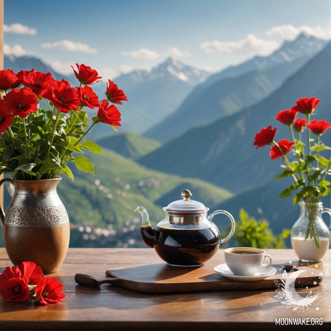 A wooden table with a jar of red flowers, a coffee pot, and cups against a mountainous background.