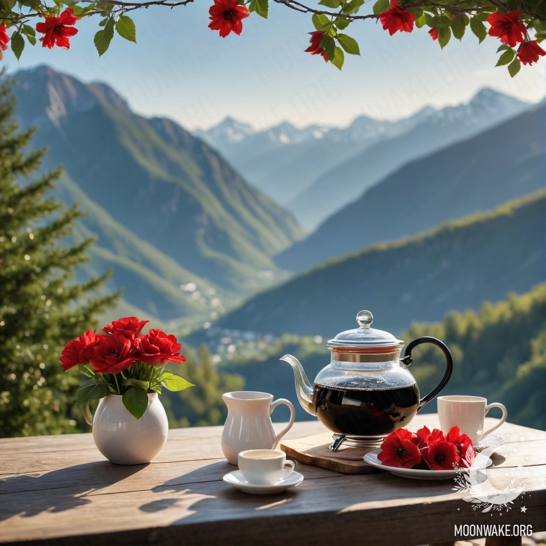 Charming Rustic Table with Flowers and Mountains A rustic wooden table with a jar of red flowers, a coffee pot, and cups with a garland, set against a mountainous backdrop.