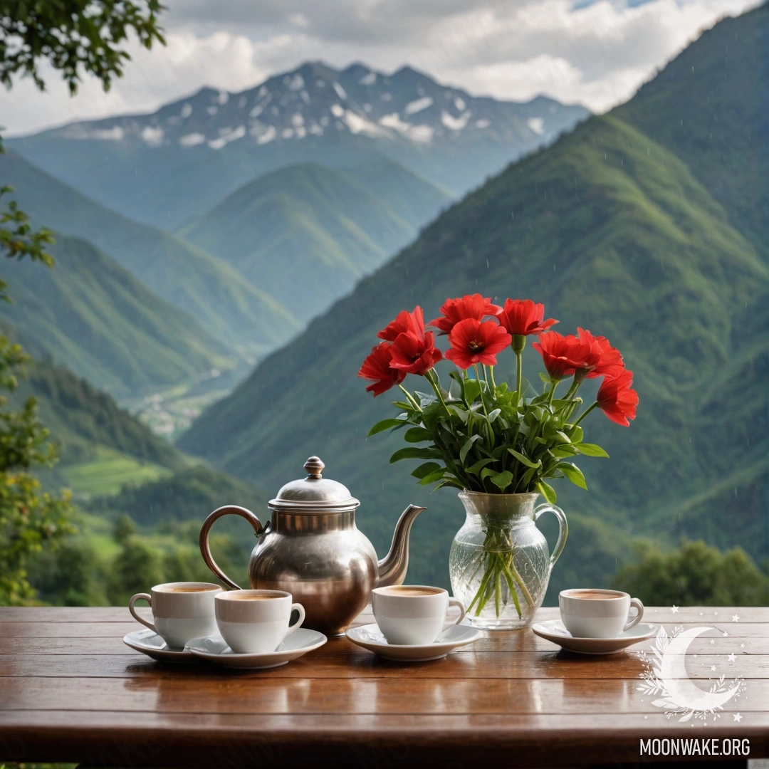 A wooden table with a jar of red flowers and a coffee pot under the rain, with mountains in the background.